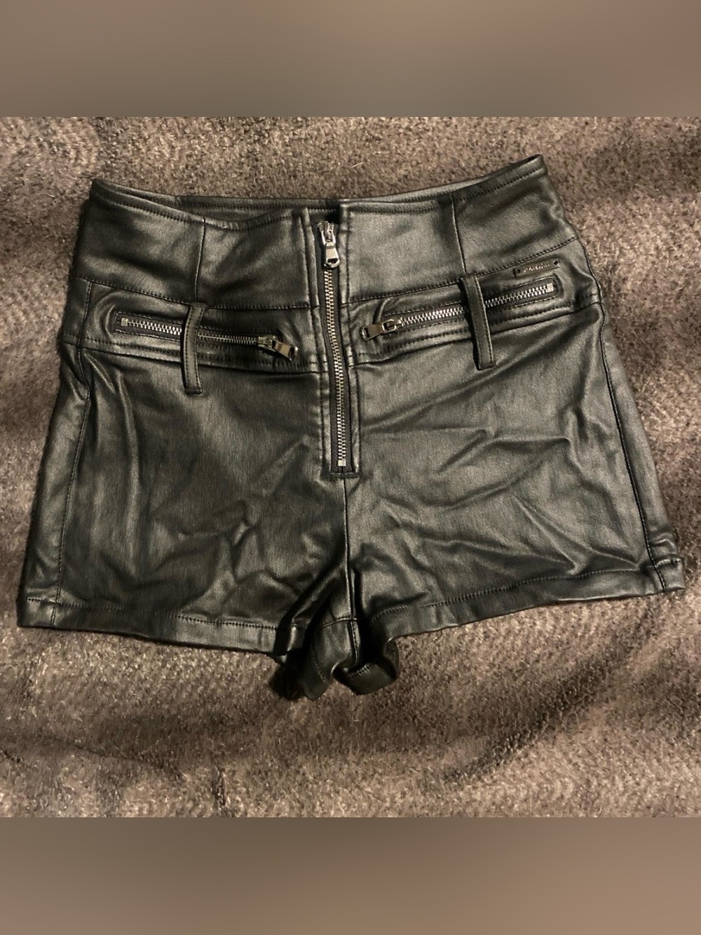 High-Waist Black Faux Leather Shorts with Front Zip